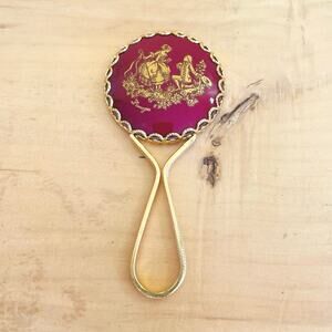 Vtg Limoges France Hand Mirror Compact Porcelain Pocket Gold Gilded Rococo